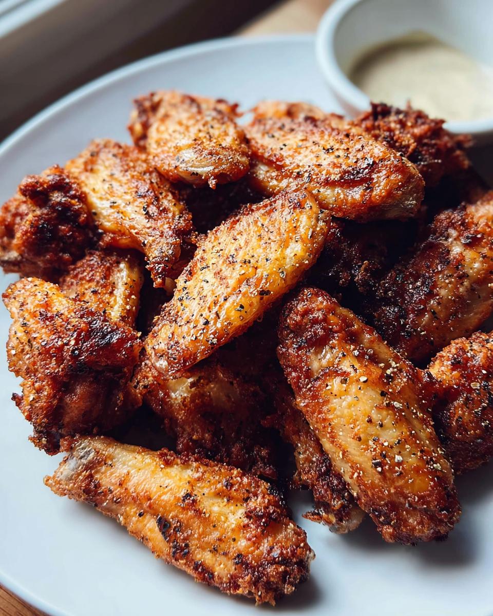 A close-up of crispy, seasoned chicken wings piled on a white plate, ready to eat, illustrating How to Make Chicken Wings Recipes Like a Pro.