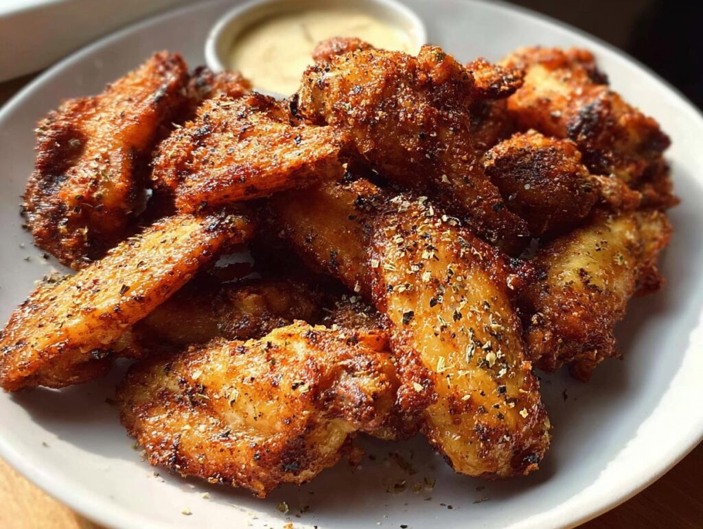A plate piled high with crispy, golden-brown seasoned chicken wings, ready to eat, illustrating how to make chicken wings recipes like a pro.