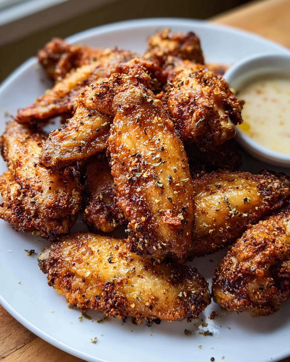 A plate piled high with crispy, perfectly seasoned chicken wings, served with a side of dipping sauce.
