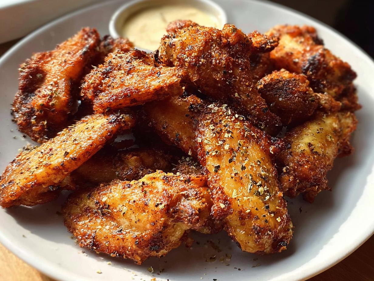 A plate piled high with crispy, golden-brown seasoned chicken wings, ready to eat, illustrating how to make chicken wings recipes like a pro.
