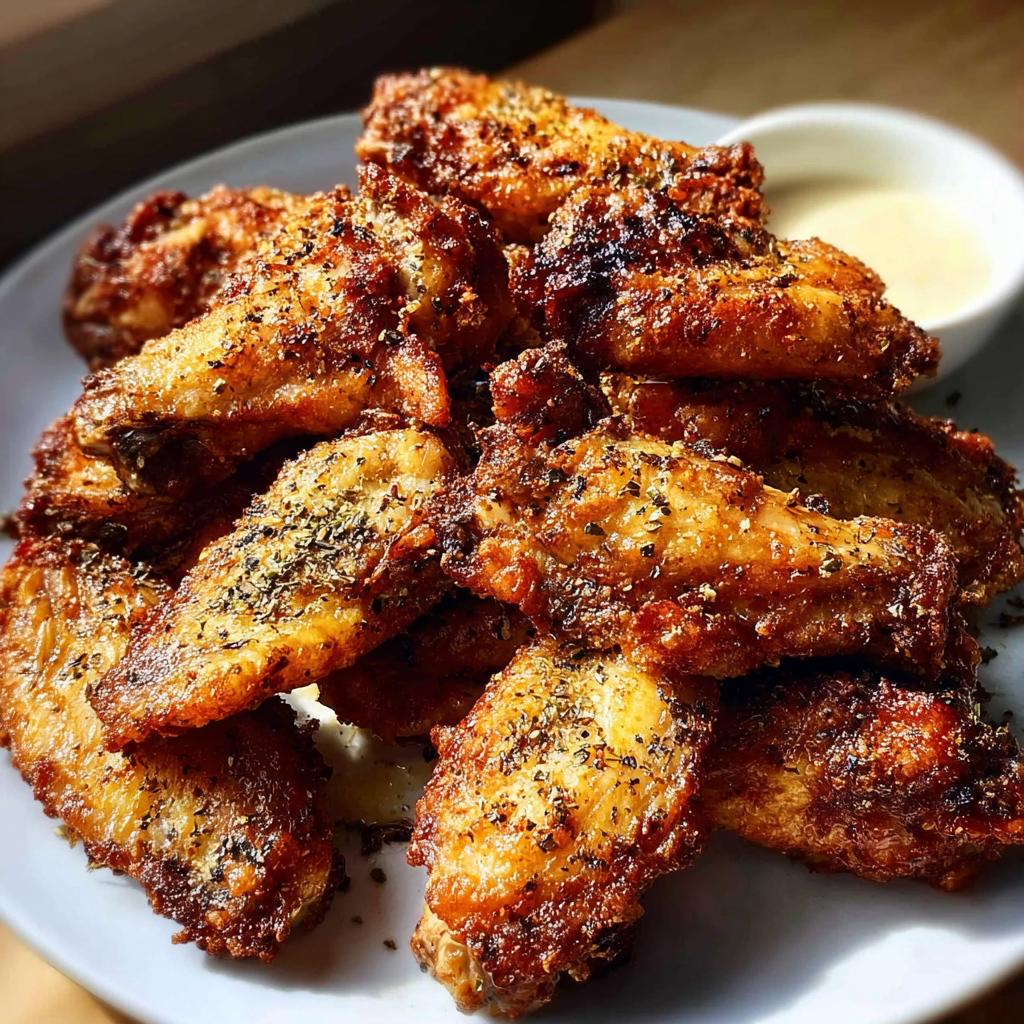 A mound of perfectly crispy, seasoned chicken wings piled high on a white plate, ready to eat.