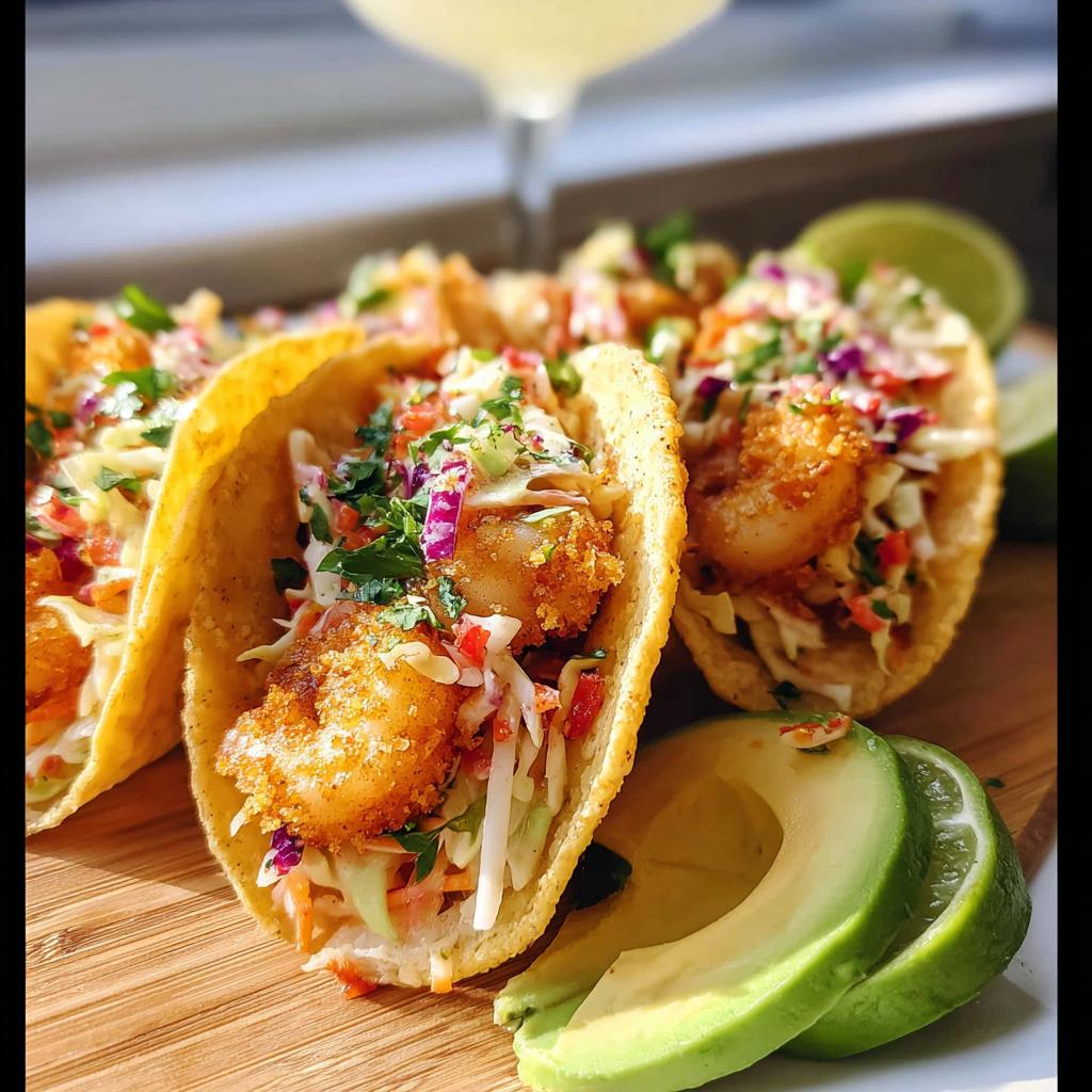 Close-up of crispy fried shrimp tacos topped with slaw and cilantro, served with avocado slices.