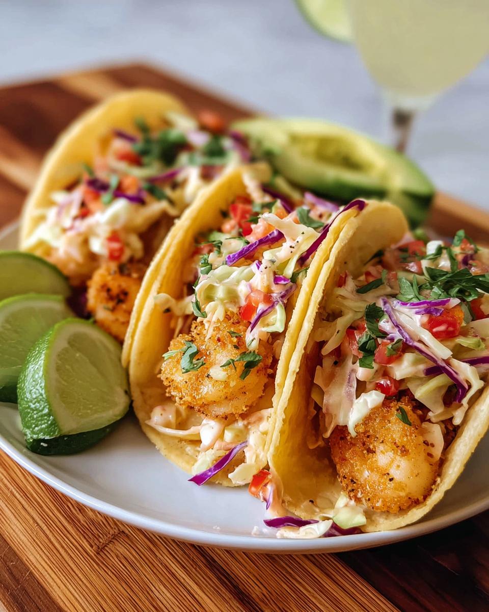 Three crispy shrimp tacos filled with slaw, sauce, and topped with cilantro, perfect for quick Shrimp Recipes in 12 Minutes.