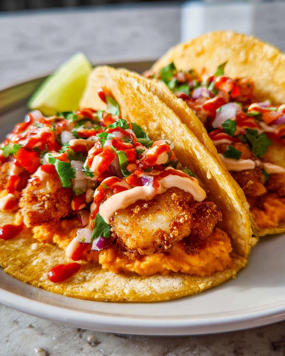 Close-up of two crispy shrimp tacos topped with orange spread, pico de gallo, and sauces, perfect for Taco Tuesday recipes.
