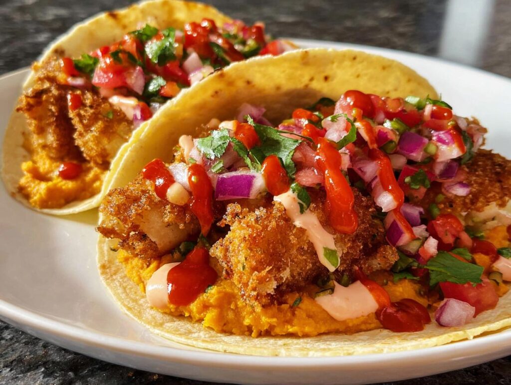 Two crispy fried tacos filled with orange spread, crispy protein, pico de gallo, and drizzled with sauces, perfect for Taco Tuesday recipes.