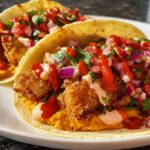 Two crispy fried tacos filled with orange spread, crispy protein, pico de gallo, and drizzled with sauces, perfect for Taco Tuesday recipes.