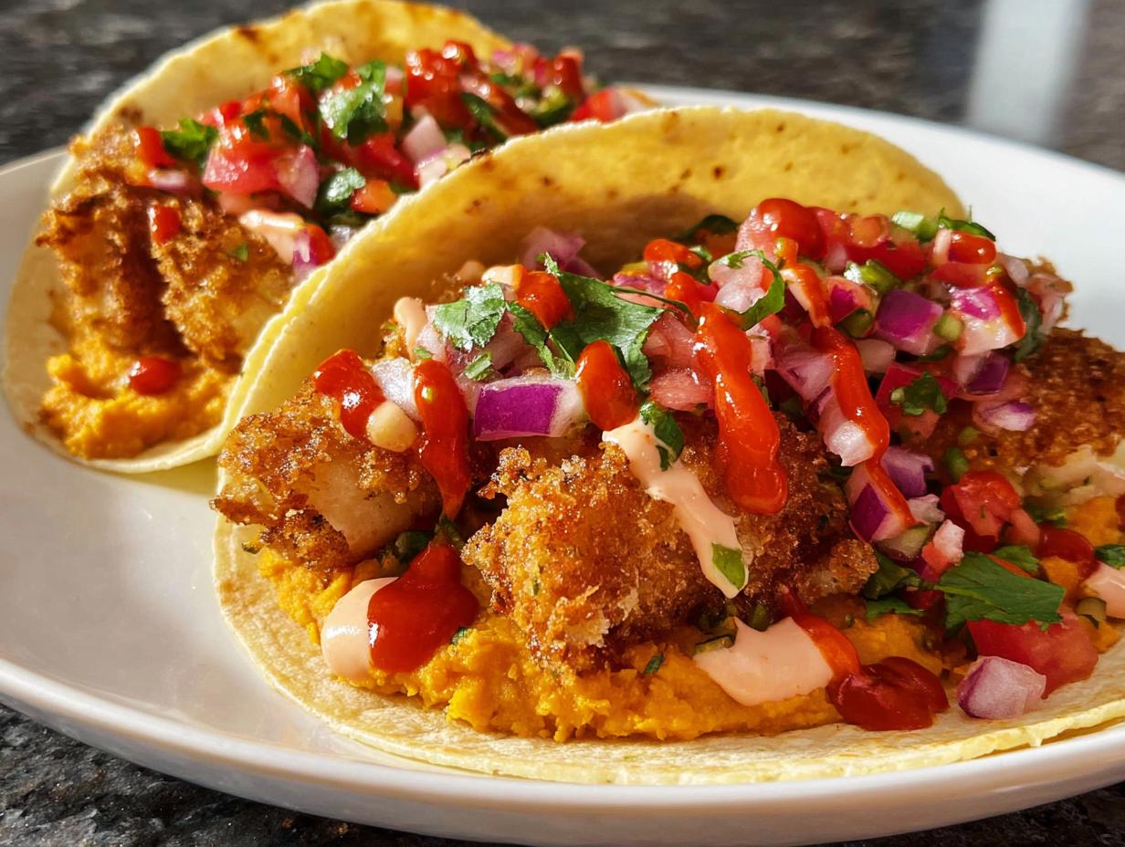 Two crispy fried tacos filled with orange spread, crispy protein, pico de gallo, and drizzled with sauces, perfect for Taco Tuesday recipes.