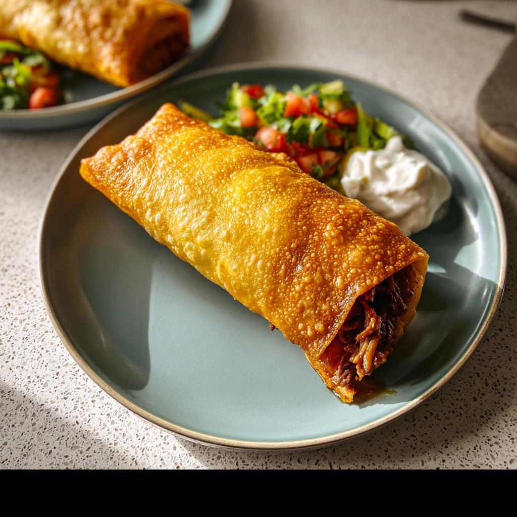 A crispy, golden-brown egg roll or burrito served with a side of fresh salad and sour cream, fitting for 20-Ingredient Easy Dinner Recipes.
