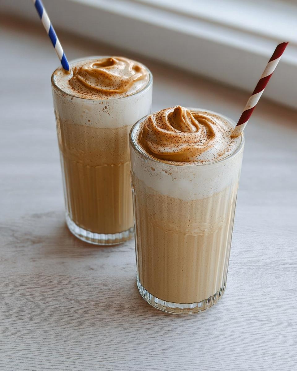 Two glasses of Dalgona coffee, a popular breakfast idea, topped with whipped foam and cinnamon.