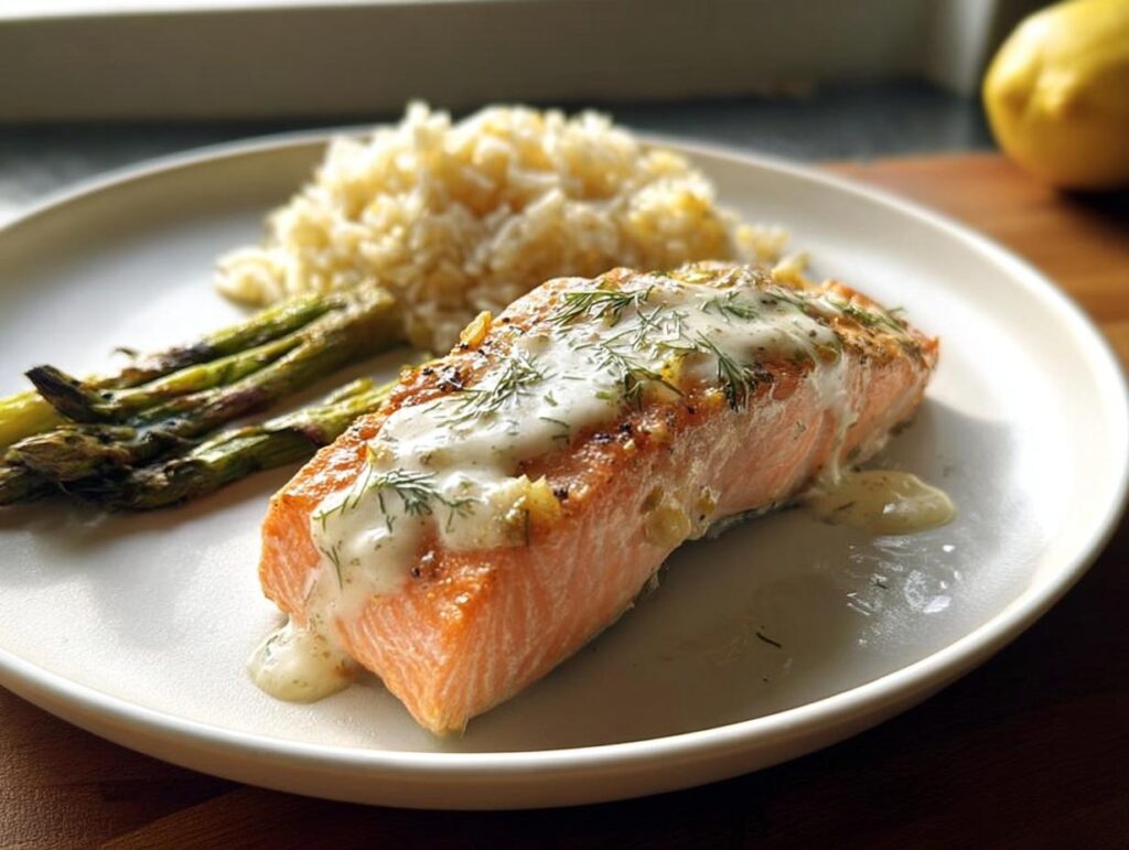 Pan-seared salmon fillet topped with creamy dill sauce, served with rice and grilled asparagus.