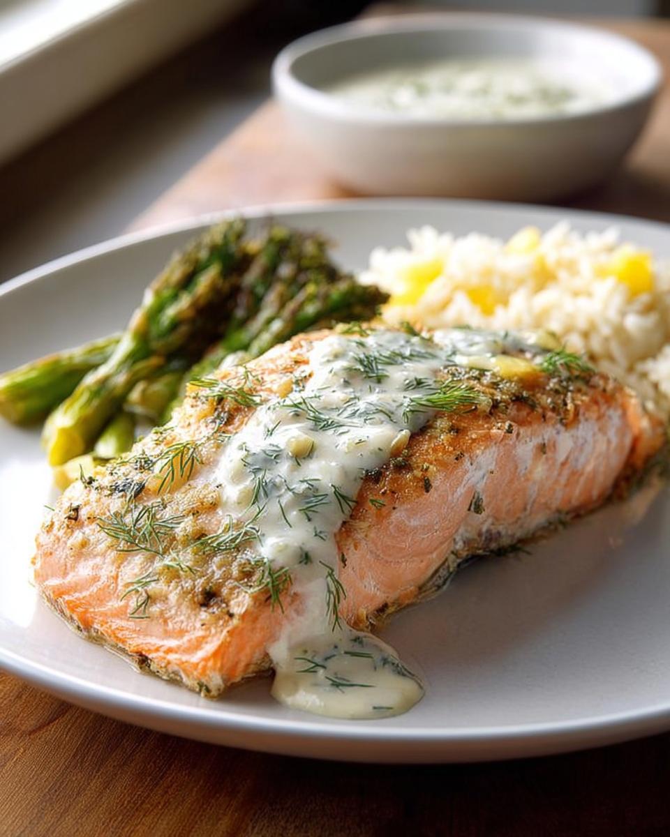 A perfectly cooked salmon fillet topped with creamy dill sauce, served with roasted asparagus and rice, part of 20 Genius Salmon Recipes Ideas for Busy Weeknights.