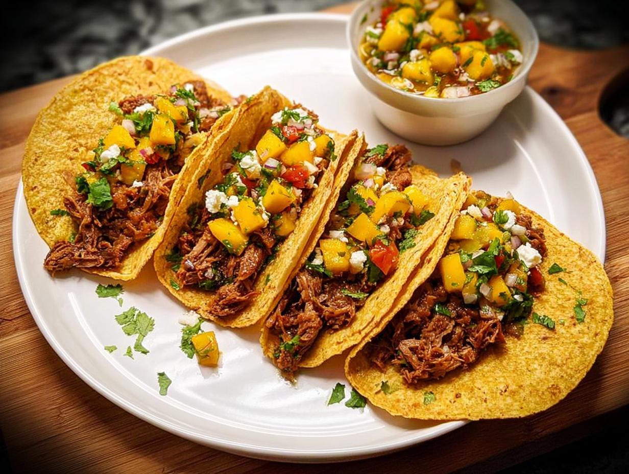 Four delicious tacos filled with shredded meat, topped with mango salsa and cheese, part of 12-Ingredient Taco Tuesday Recipes.