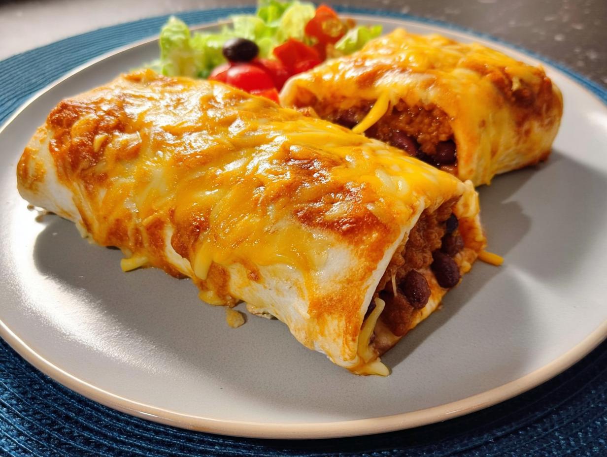 Two baked burritos covered in melted cheddar cheese served with a side salad, perfect for easy dinner recipes.