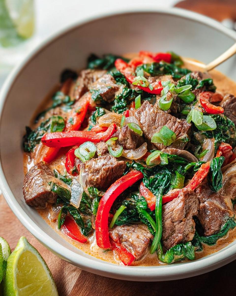 A bowl of easy beef curry with spinach, red peppers, and scallions, perfect for beginners.