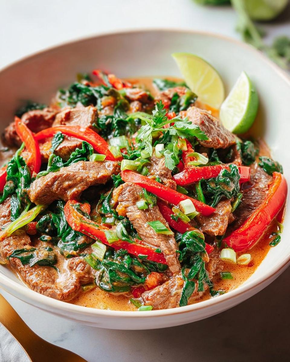A bowl of quick beef and pepper stir-fry with spinach, garnished with lime wedges, perfect for easy dinner recipes for beginners.