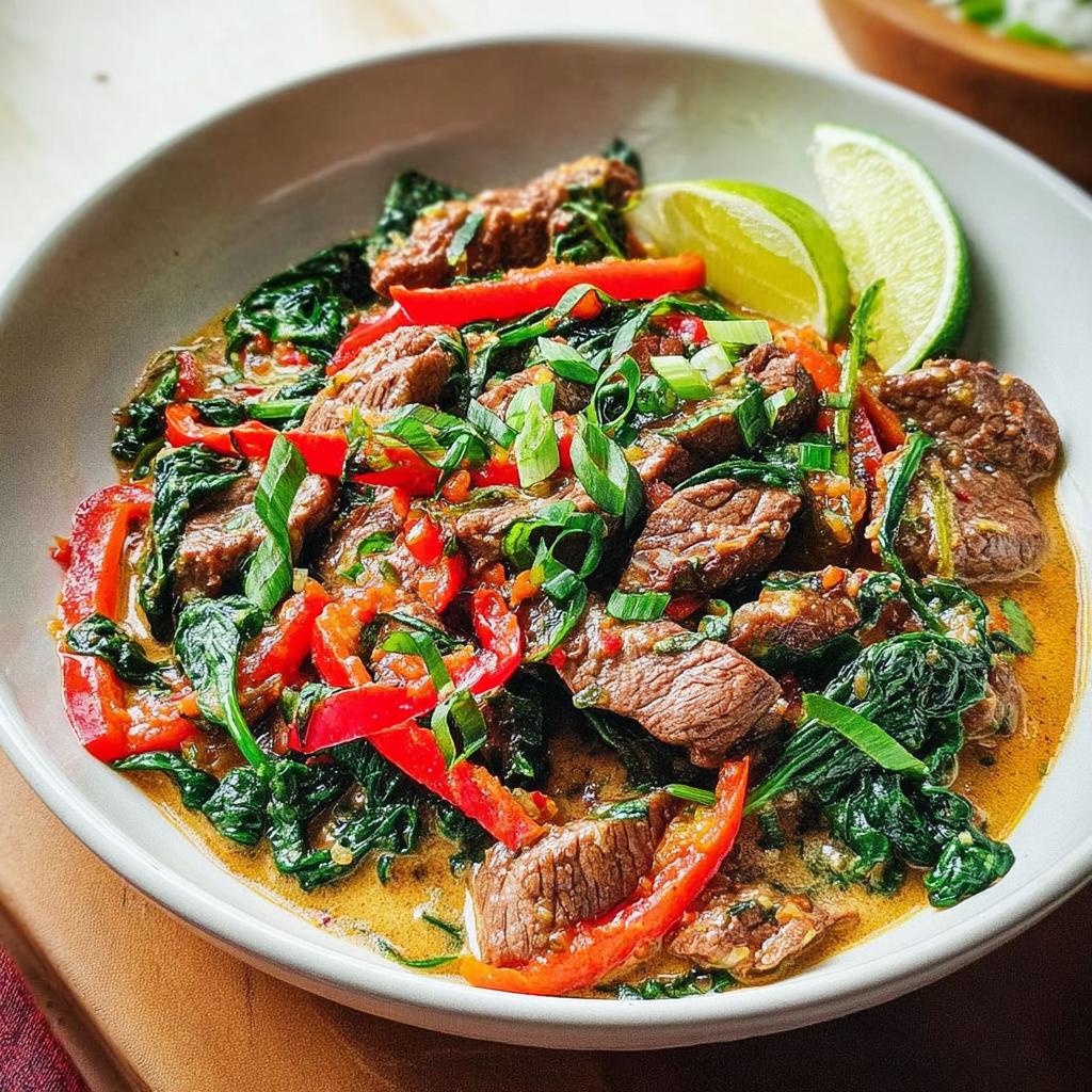 A bowl of creamy beef and spinach curry with red peppers, garnished with scallions and lime wedges, perfect for easy dinner recipes.
