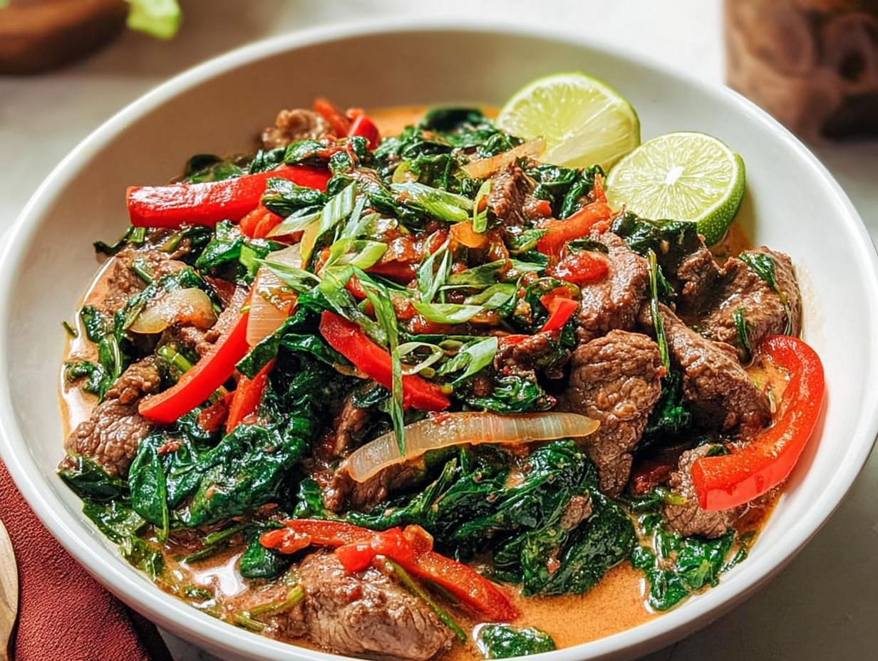 A vibrant bowl of easy beef and spinach curry with red peppers and lime wedges.