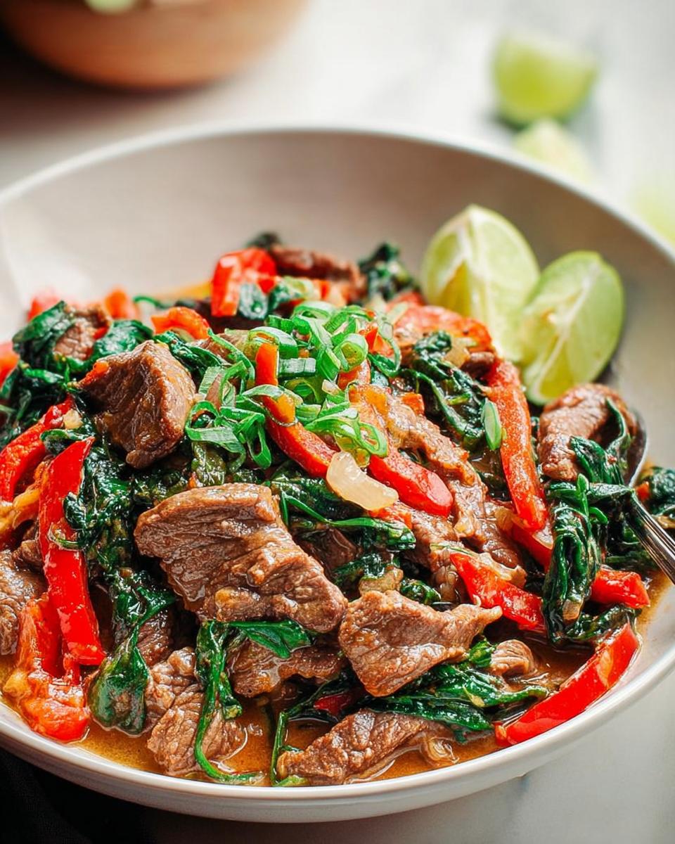 A bowl of easy beef and spinach stir-fry with red peppers, garnished with green onions and lime wedges.