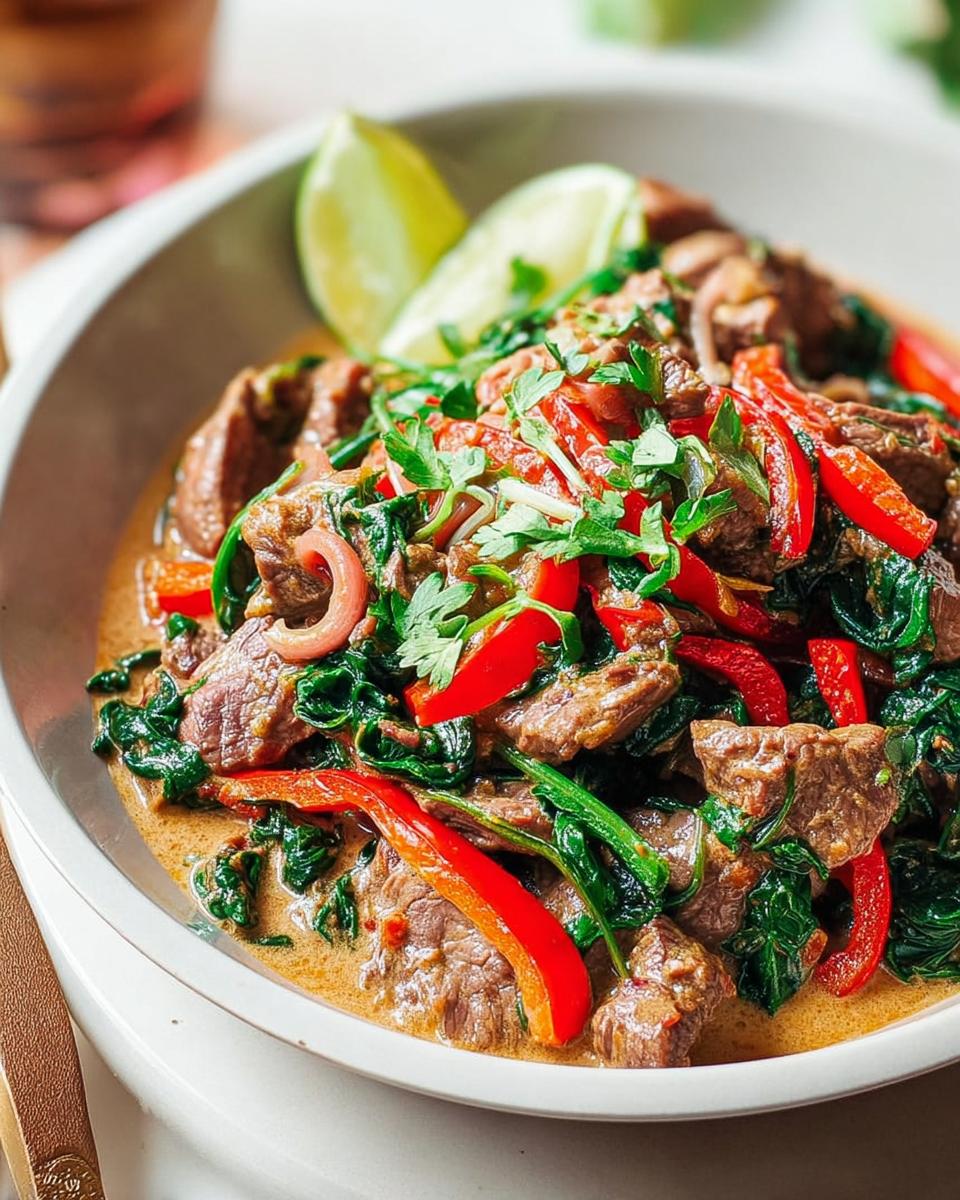 Close-up of a flavorful beef stir fry with red peppers and spinach, perfect for The Ultimate Easy Dinner Recipes Guide for Beginners.