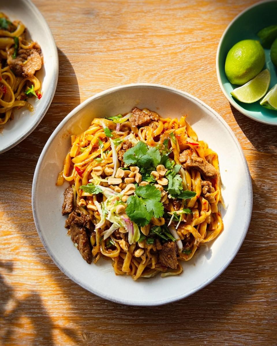 Overhead view of an easy dinner recipe: a bowl of savory beef and noodle stir-fry topped with peanuts and cilantro.