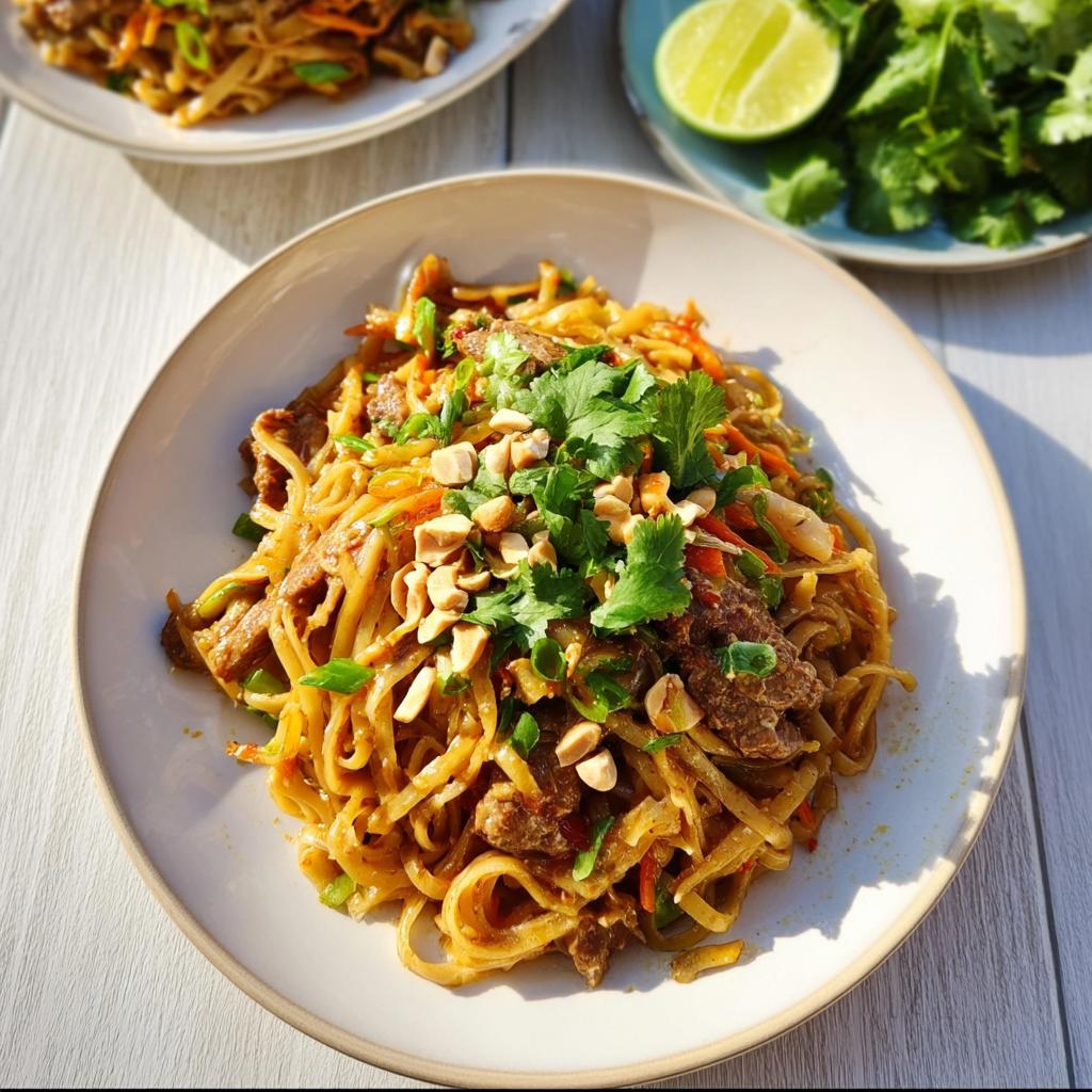 A plate of easy dinner recipes featuring beef stir-fry noodles topped with peanuts and cilantro.