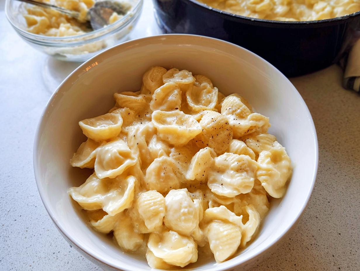 A bowl of creamy shell pasta, seasoned with black pepper, illustrating an easy dinner recipe.