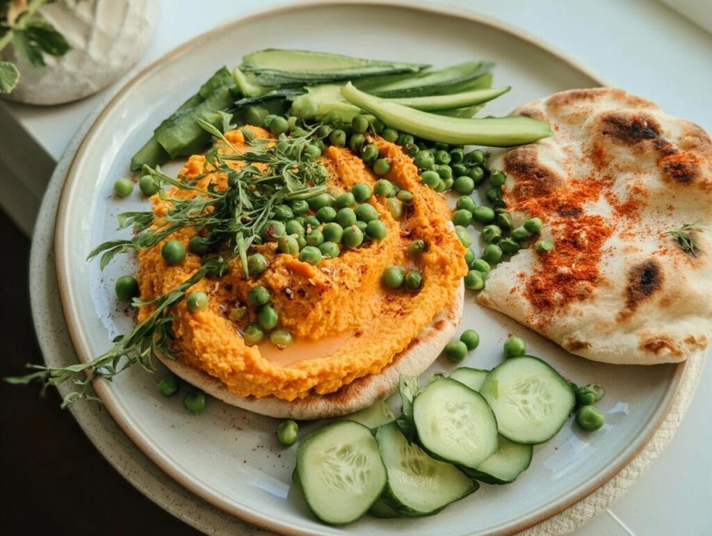 Bright orange hummus topped with green peas and fresh herbs, served with pita bread and cucumber slices, perfect for easy dinner recipes.