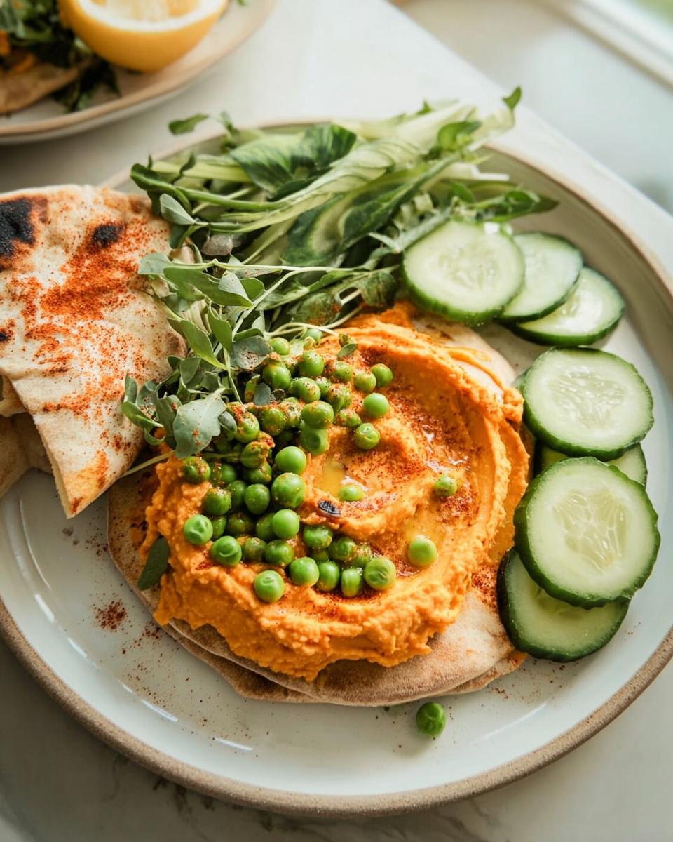 A vibrant plate featuring orange hummus topped with bright green peas, served with pita bread and sliced cucumbers, perfect for easy dinner recipes.