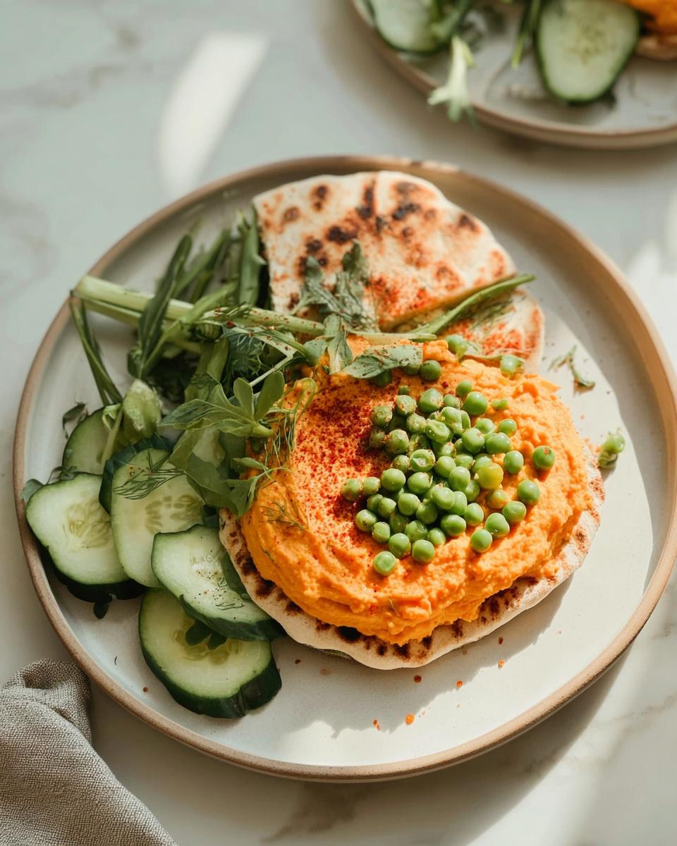 Bright orange hummus topped with peas on pita bread, served with cucumber slices, part of easy dinner recipes ideas.
