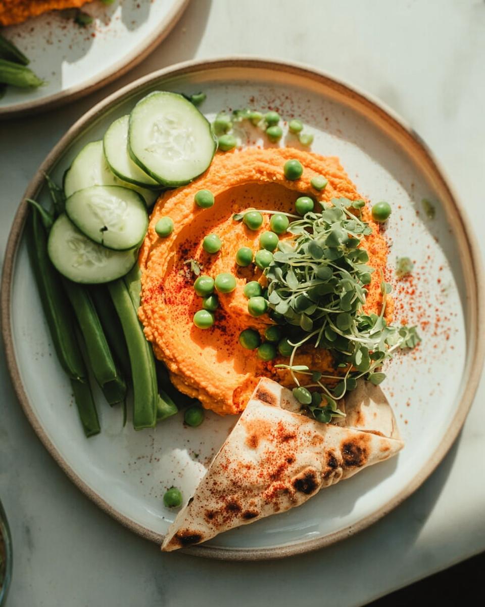 Vibrant orange hummus served with fresh peas, microgreens, cucumber slices, green beans, and pita bread, perfect for easy dinner recipes.