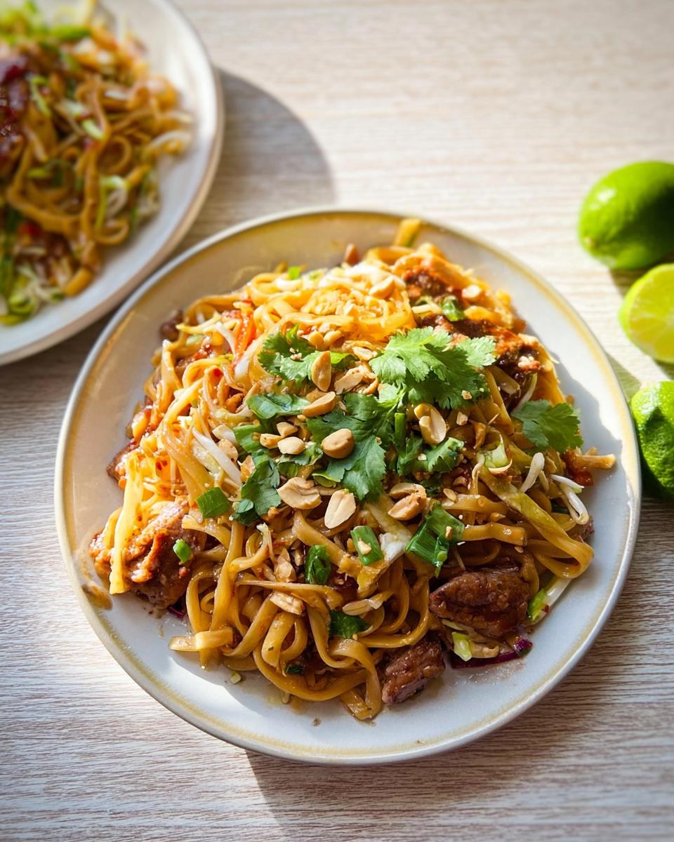 A plate of delicious Pad Thai noodles, topped with peanuts, cilantro, and lime wedges nearby, representing an easy dinner recipe.