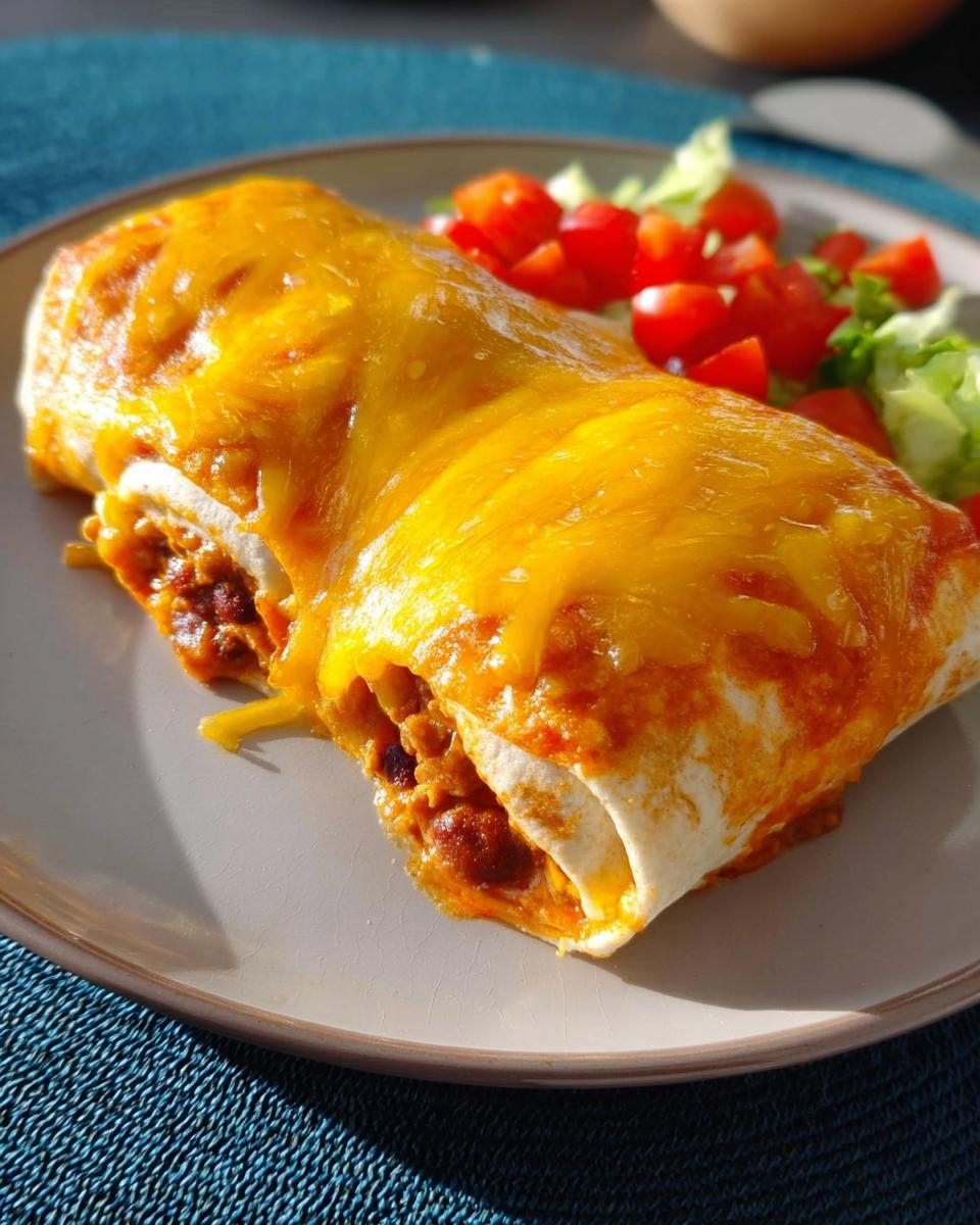 A fully loaded burrito smothered in melted cheddar cheese, served with a side of fresh lettuce and tomatoes, perfect for an easy dinner recipes.