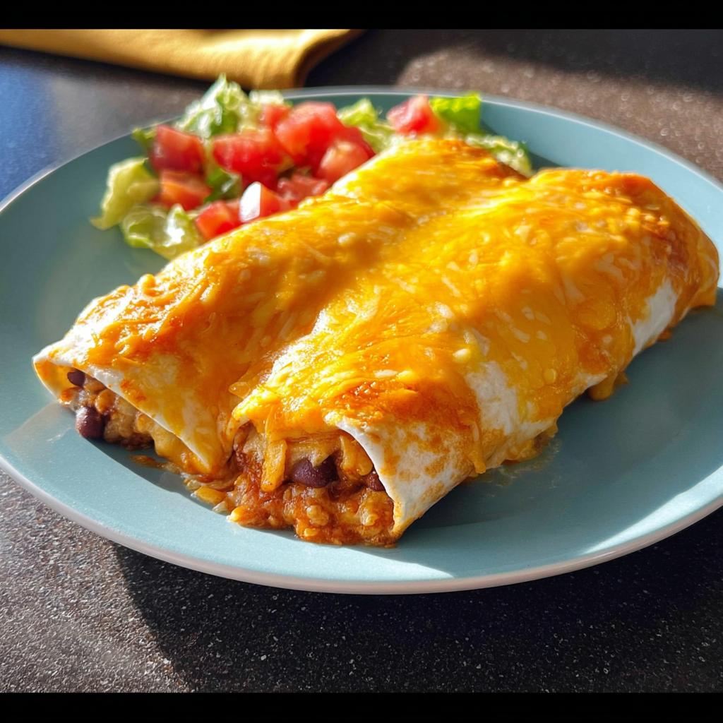 Two cheesy, baked burritos filled with rice and beans, served with a side salad, perfect for an easy dinner recipes.