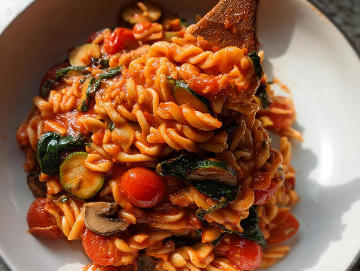Close-up of fusilli pasta tossed in a rich tomato sauce with zucchini, cherry tomatoes, and mushrooms—a perfect easy dinner recipe.