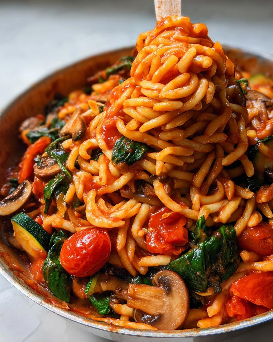 Close-up of thick pasta coated in tomato sauce, lifted with a wooden utensil, mixed with mushrooms, spinach, and cherry tomatoes, perfect for easy dinner recipes.