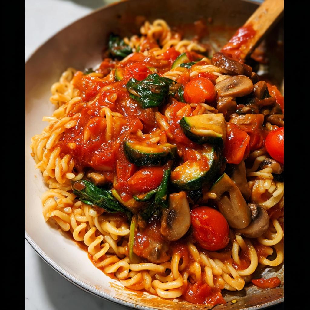 Close-up of fusilli pasta tossed in a rich tomato sauce with zucchini, mushrooms, and spinach, perfect for easy dinner recipes.