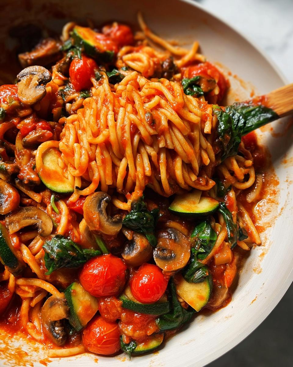 A wooden spoon lifts a tangle of pasta coated in tomato sauce, mixed with mushrooms, zucchini, and cherry tomatoes, perfect for easy dinner recipes.