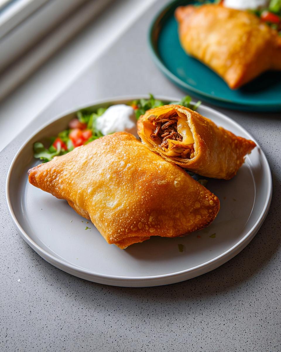 Two golden-brown, crispy fried empanadas served with a side salad and sour cream, part of 20-Ingredient Easy Dinner Recipes.