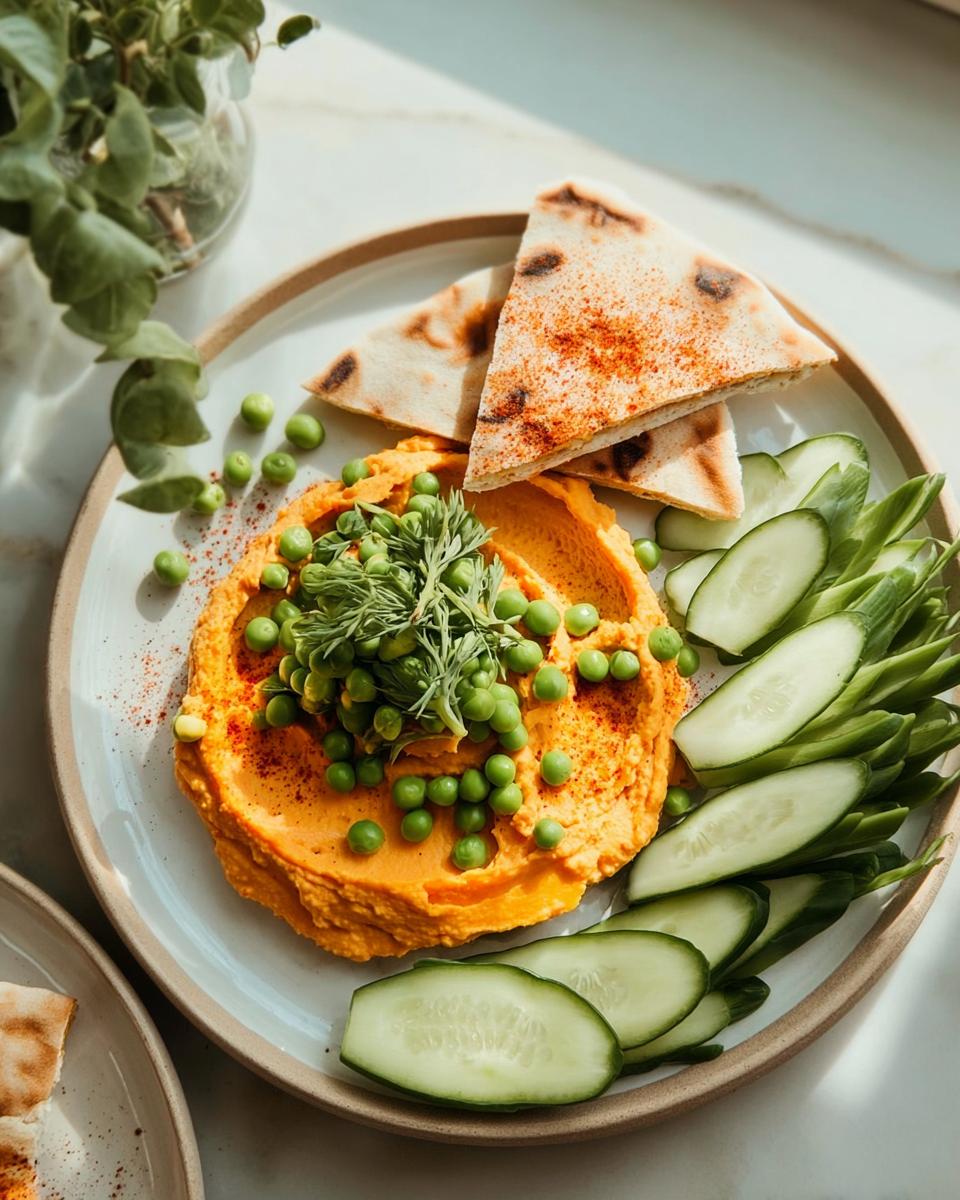 Bright orange hummus topped with peas and herbs, served with pita bread and cucumber slices for easy dinner ideas.
