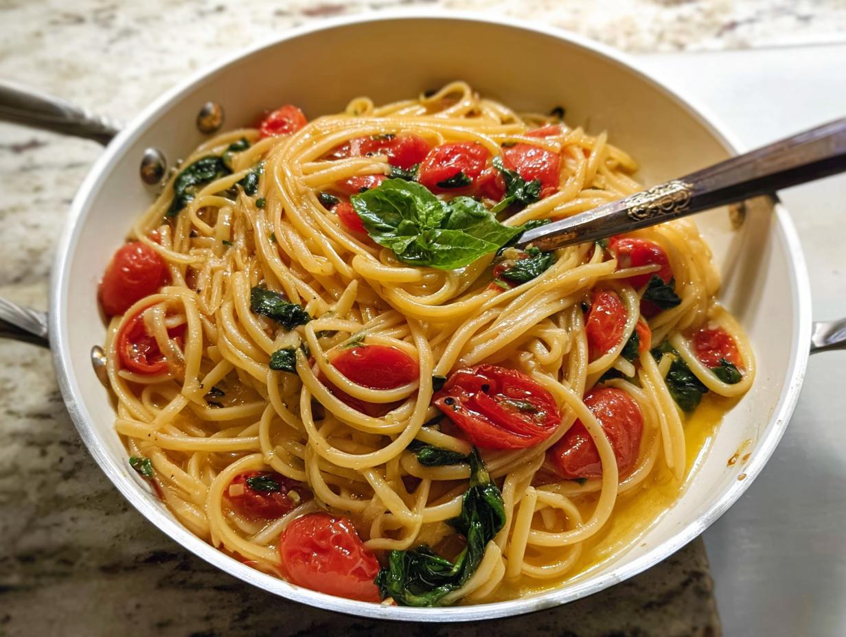 A pan of linguine pasta tossed with burst cherry tomatoes, spinach, and fresh basil, perfect for easy dinner recipes meal prep.