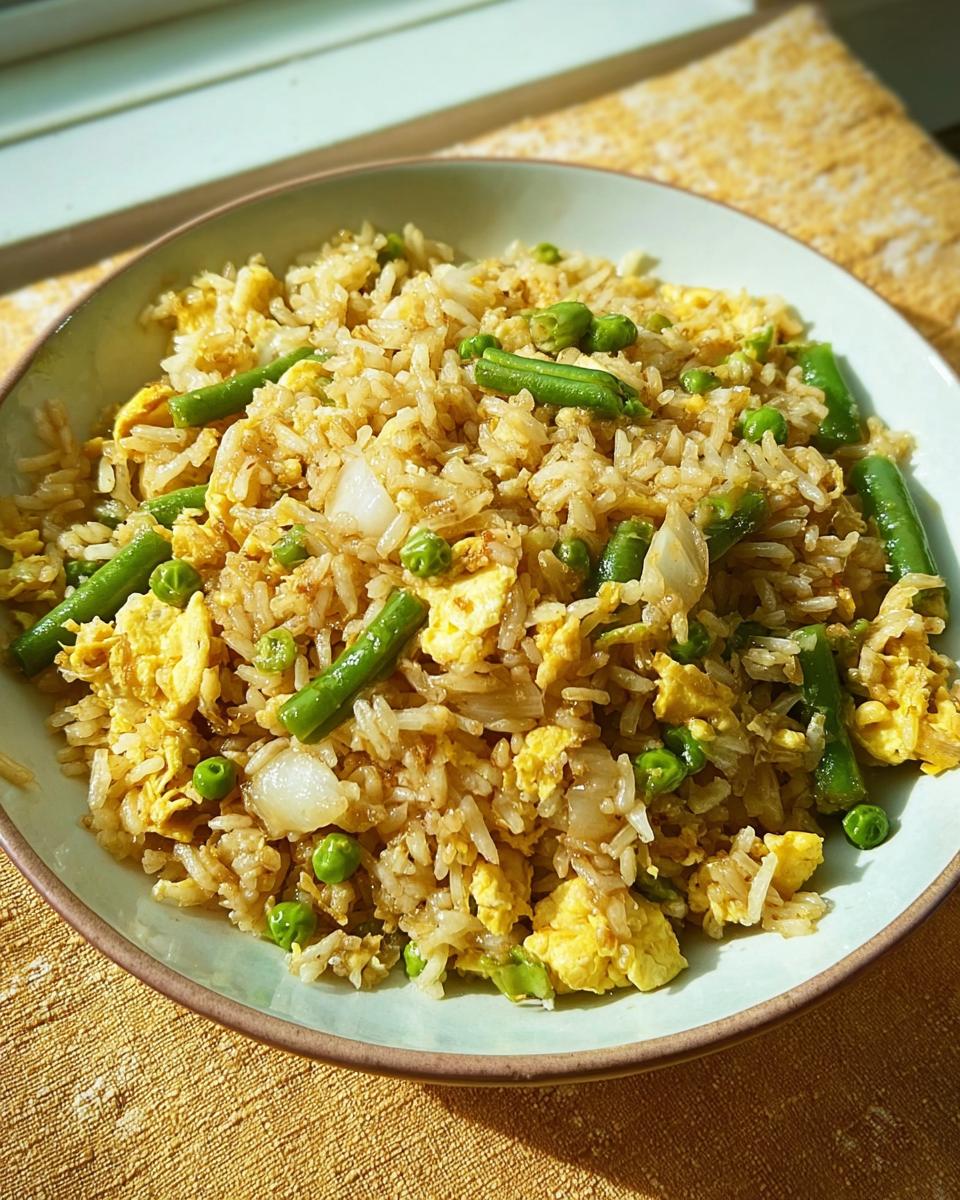 A bowl of simple egg fried rice with green beans and peas, showcasing one of the 7-Ingredient Egg Recipes.