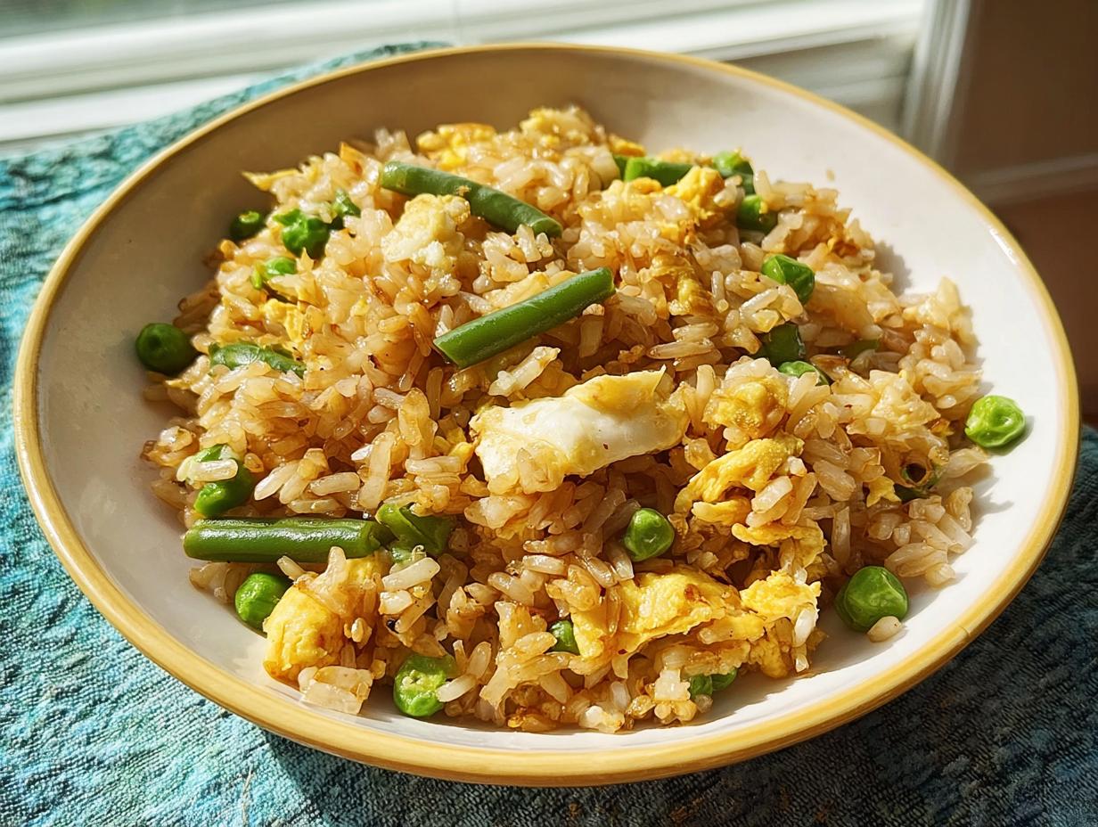 A bowl of simple egg fried rice with peas and green beans, showcasing one of the 7-Ingredient Egg Recipes.