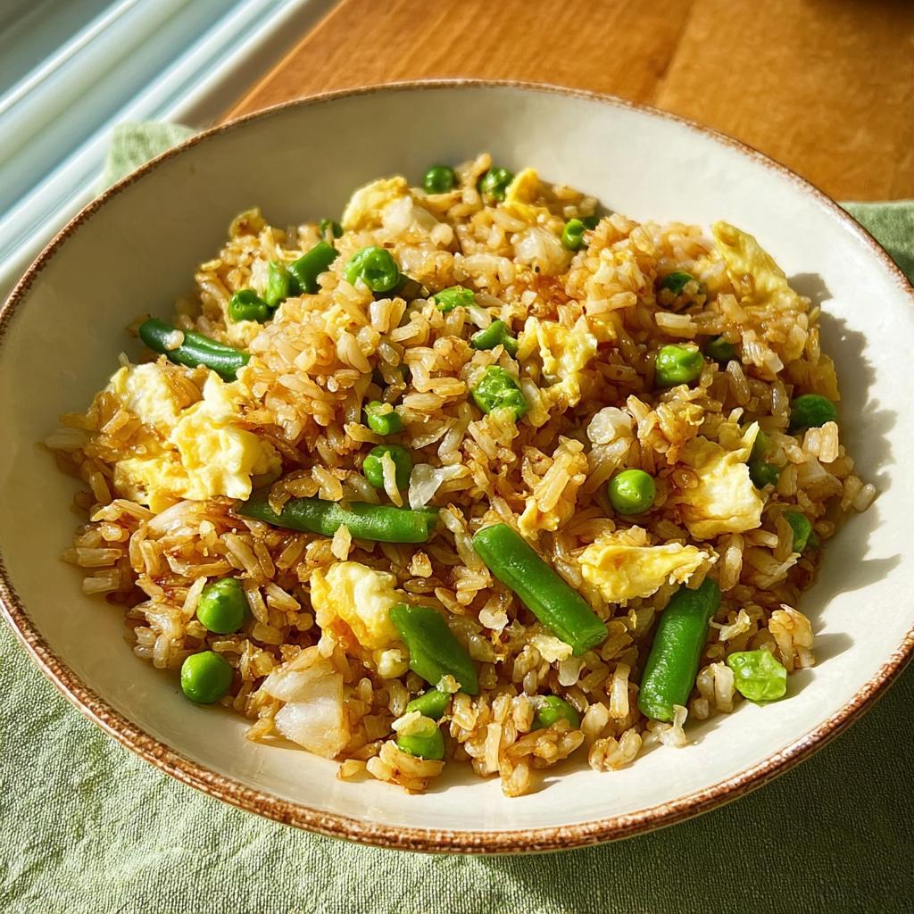 A bowl of easy egg fried rice with peas and green beans, one of the 7-Ingredient Egg Recipes.