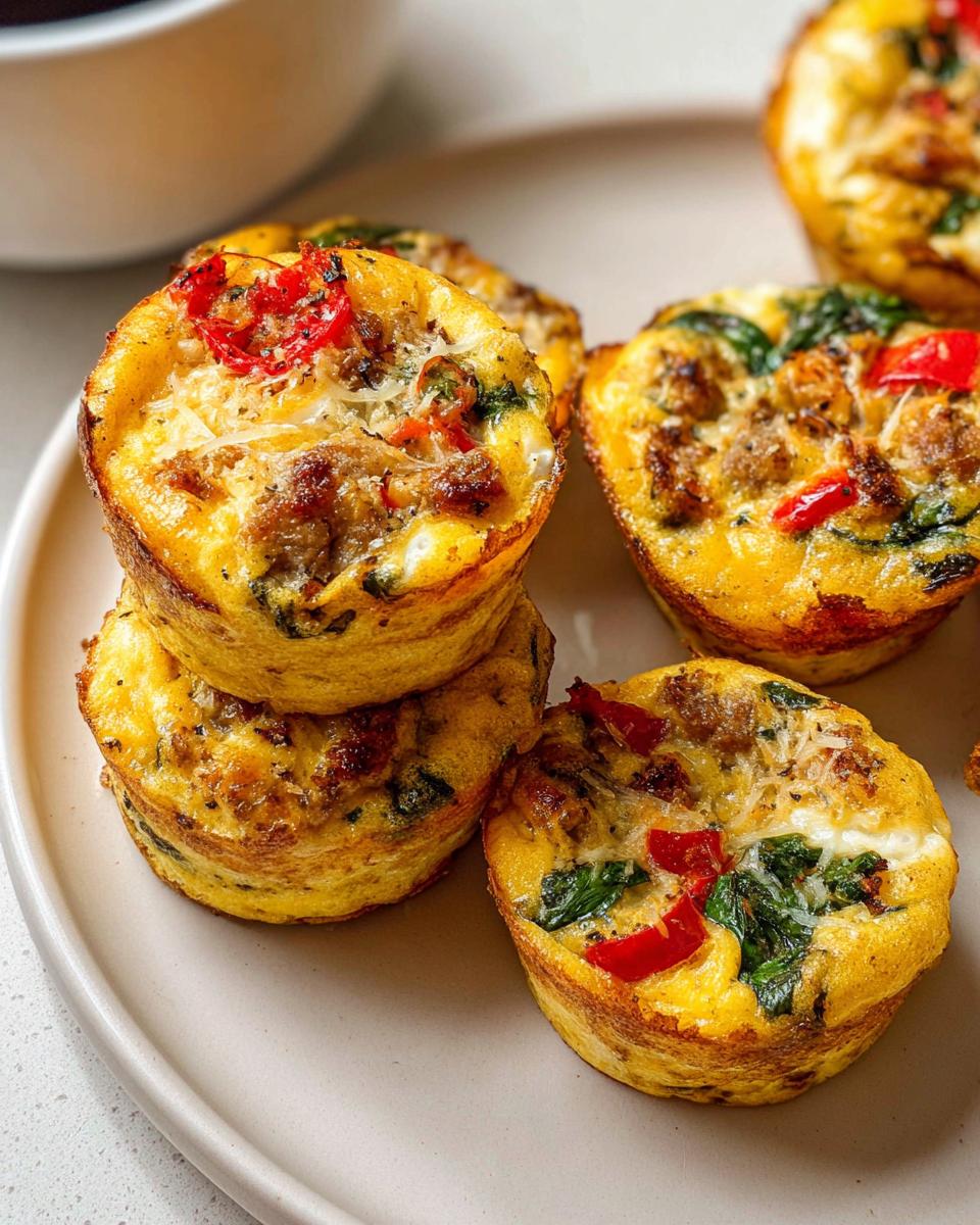 Close-up of savory egg recipes meal prep bites with sausage, spinach, and red peppers.