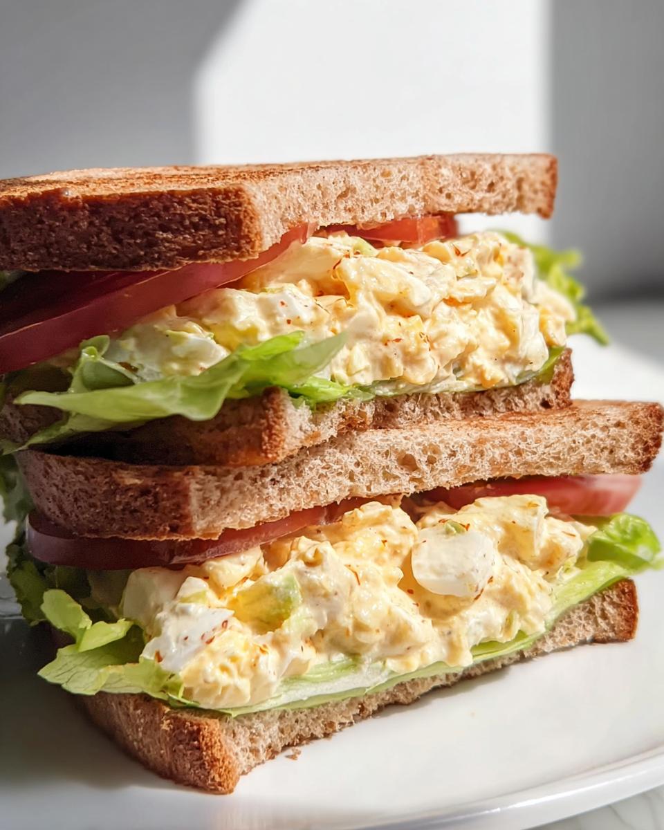 A tall, double-decker egg salad sandwich on toasted wheat bread, a great example of Restaurant-Style Sandwich Ideas Recipes at Home.