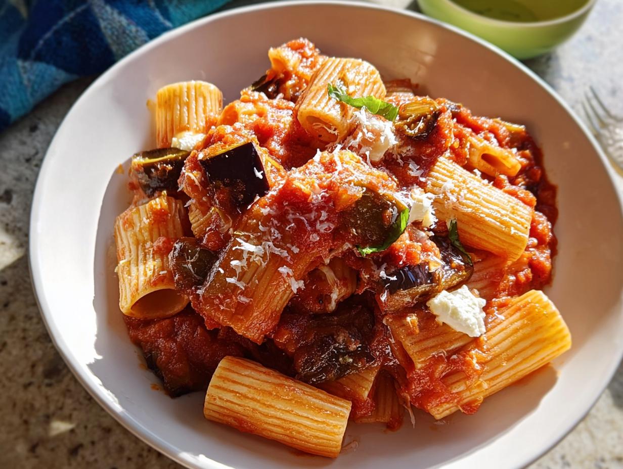 A bowl of rigatoni pasta tossed in rich tomato sauce with eggplant, topped with ricotta and grated cheese, typical of 12-Ingredient Pasta Recipes.