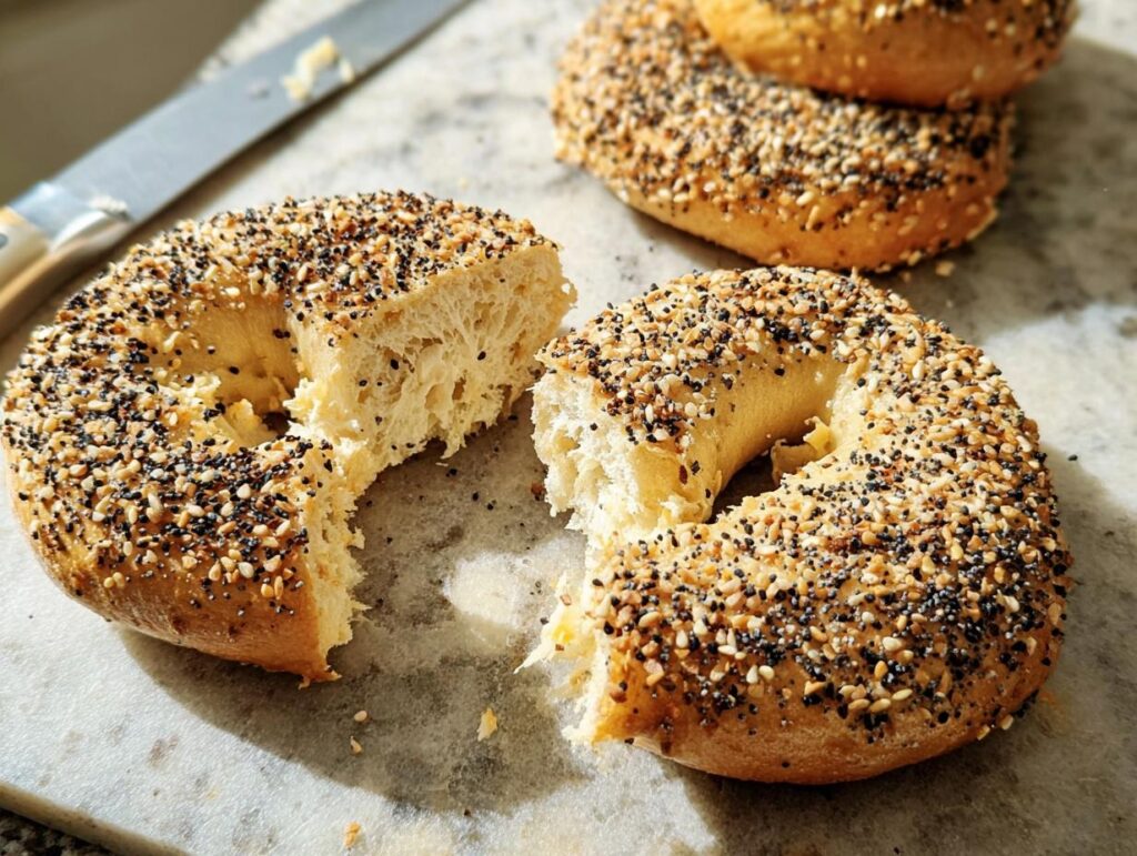 An everything bagel sliced in half, showing the fluffy interior, as one of the 15 Genius Breakfast Ideas Recipes Ideas for Busy Weeknights.