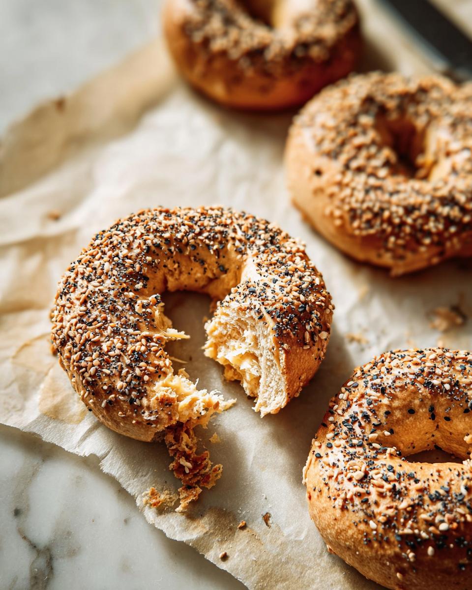 Close-up of an everything bagel broken in half, showing the fluffy interior, part of 15 Genius Breakfast Ideas Recipes Ideas for Busy Weeknights.