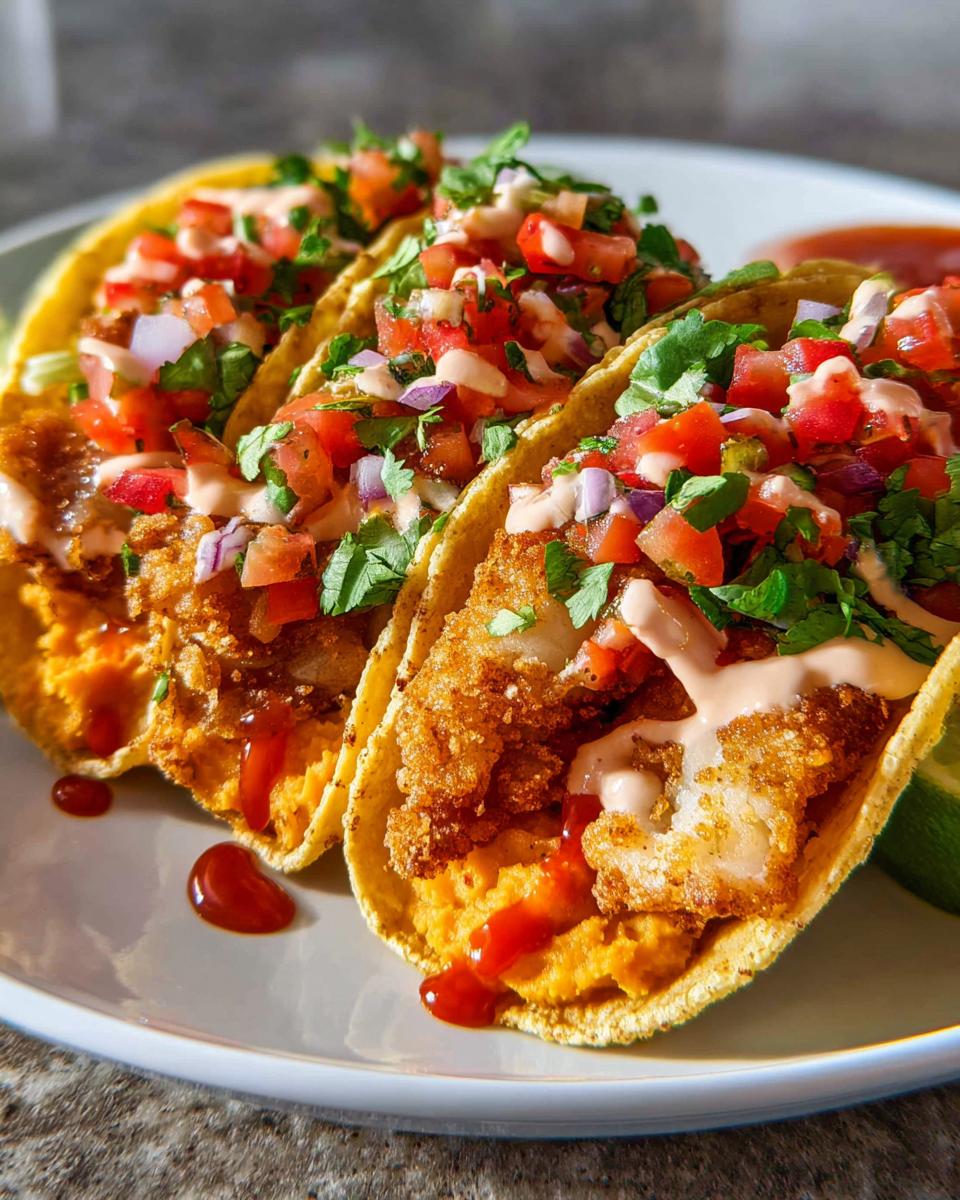 Three crispy fish tacos loaded with salsa, creamy sauce, and fresh cilantro, perfect for Taco Tuesday recipes.