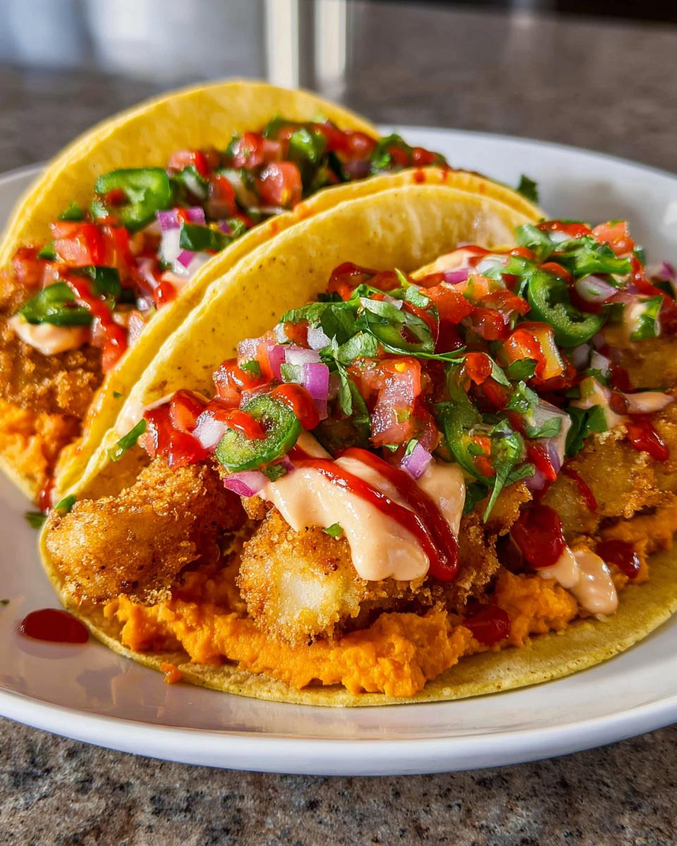 Two crispy fish tacos loaded with orange spread, creamy sauce, pico de gallo, and jalapeños, perfect for Taco Tuesday Recipes.